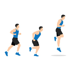 Fototapeta na wymiar Man doing single or one leg hops or jumps exercise. Hops or hopping exercise. Flat vector illustration isolated on white background