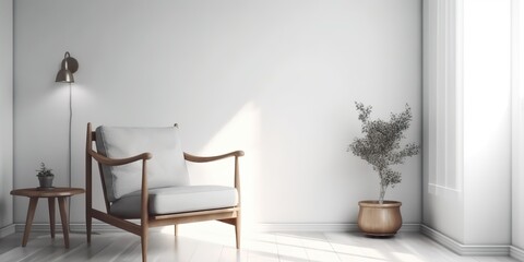AI Generated. AI Generative. Minimalistic living room design decoration with elegant armchair at wall wirh plant and cozy decor. Graphic Art
