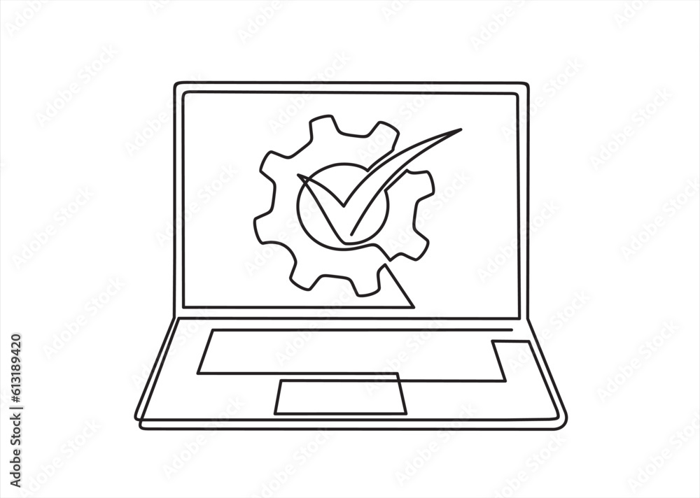Poster continuous one line drawing of check icon on screen laptop. one of set web icons - vector