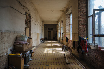 Dark corridor of old shabby dorm or appartment house