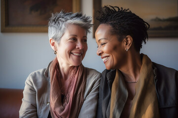 International senior generative ai lesbian couple practicing mindfulness meditation and wellness at home. Mental health activity. LGBTQ community.
