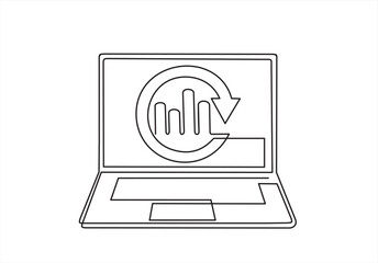 One continuous line drawing of computer laptop with a chart on it. Single line draw design vector illustration