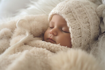 Newborn wrapped in a white blanket, lying in bed, plush toy, white bedsheet background, two months old, baby photography. Happy young baby in diaper lying on white sheet. AI Generative