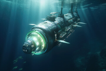 Obraz na płótnie Canvas Underwater scene with big sci-fi fantastic submarine. Generative AI.