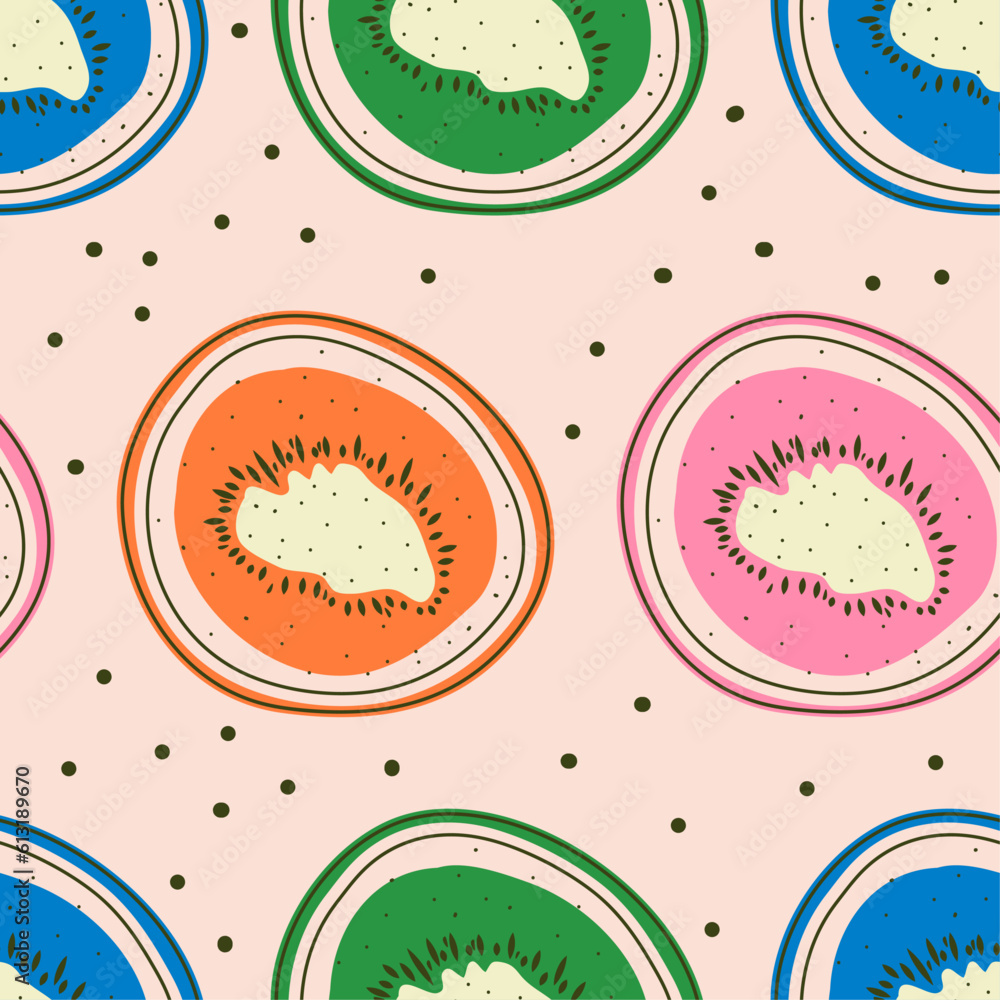 Poster pattern with multi-colored kiwi in a trendy design. doodle style. print for fabrics and children's c