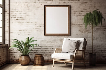 Pitcure frame mockup on the wall. Modern living design, Boho style interior with chair.