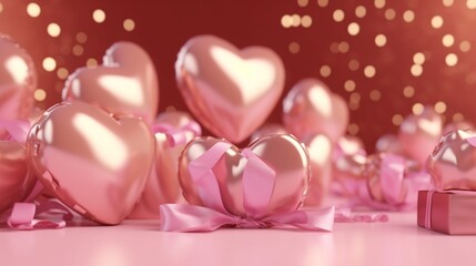 Happy valentines day banner. Pink and gold hearts foil balloons with gifts on pink Valentines Day background. Romantic banner with Copy Space generative ai