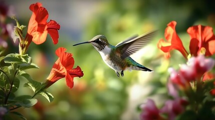 Fototapeta na wymiar Hummingbird hovering next to blooming flowers. Beautiful hummingbird sucking nectar in flight generative ai