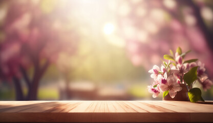 Empty wooden table with blooming pink sakura garden bokeh background. Generative AI.