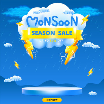 Monsoon season banner sale with podium design with 3d clouds lightning yellow umbrellas