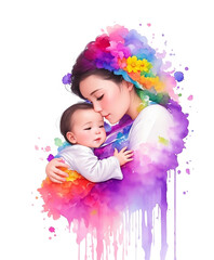 Obraz na płótnie Canvas Colorful Mother hugging baby with flowers and watercolors splashing, Mother’s Day concept.