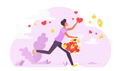 Likes and positive feedback collection, effective marketing campaign for social media content concept vector illustration. Cartoon tiny man holding bag and running to collect and catch flying hearts