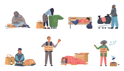 Homeless poor people set vector illustration. Cartoon isolated poverty scenes collection with beggars and street animals, alcohol addict and panhandler begging, sleeping on bench, pushing trash cart