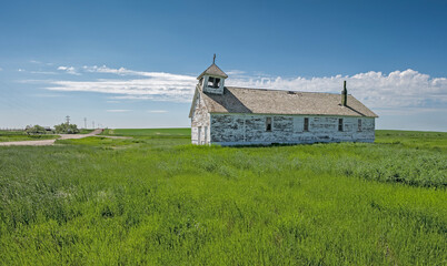 Abandoned wooden Saint John’s Catholic Church near the city of Havre, Montana, USA