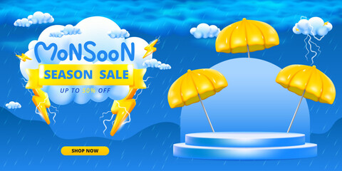 Monsoon season banner sale with podium design with 3d clouds lightning yellow umbrellas