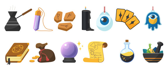 Magic elements set vector illustration. Cartoon isolated sorcerers or witchs potion in bottle, crystal ball and coffee in cezve, runes and tarot cards to predict future, creepy eye and black candle