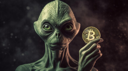 An amusing depiction of an alien holding a Bitcoin and wearing a perplexed expression, symbolizing the otherworldly nature of cryptocurrencies.