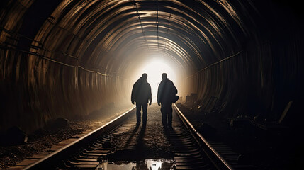silhouettes of two people in a tunnel. underground concept. Generative AI