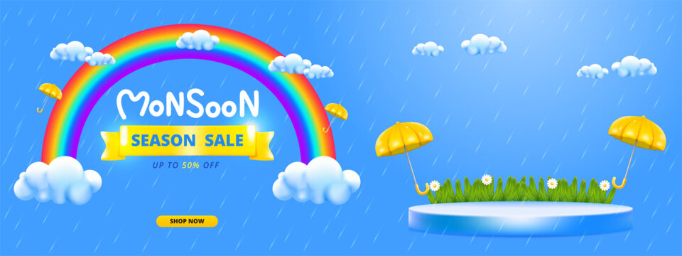 Monsoon season banner sale with podium design with 3d clouds lightning yellow umbrellas