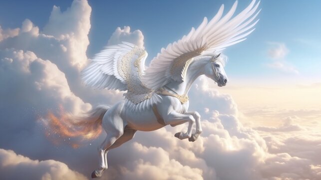 Majestic Fantasy Pegasus horse flying high above the clouds. Flight of the Pegasus. fantastic magical illustration generative ai
