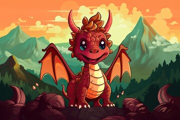 A red, fiery dragon, towering atop a majestic mountain, brought to life in a captivating cartoon animation style. Generative AI