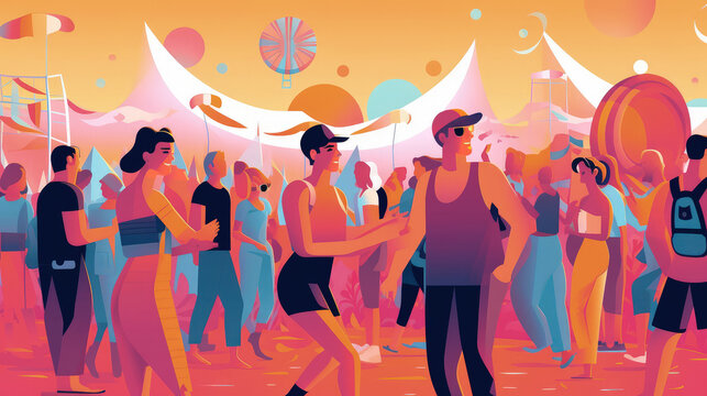 Illustration of a people having fun at a music festival / concert in the summer. Colorful and vibrant art style.