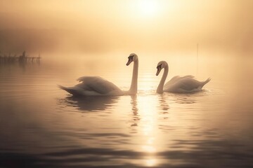 Two swans floating on the water, created with generative AI