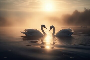 Two swans floating on the water, created with generative AI