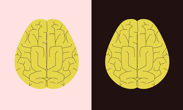 Set of two human brain pictures on light and dark background. Geometric style simplified shapes drawing.