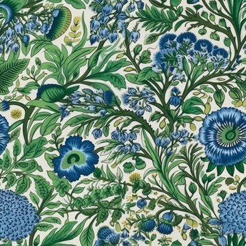 Seamless pattern of cotton fabrics with blue and green floral motif, created with generative AI
