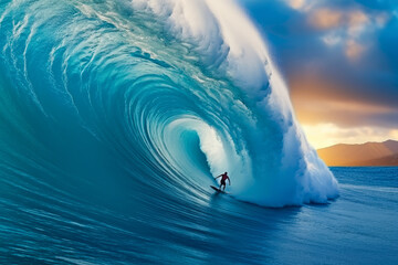 Surfer rides giant blue ocean wave. Extreme sport and active lifestyle concept. Generative ai