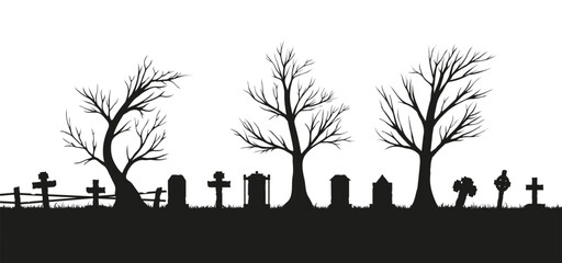 The hand drawn vector set of dried trees with tombstones. A cemetery with graves.
