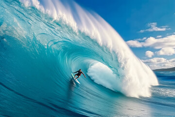 Surfer rides giant blue ocean wave. Extreme sport and active lifestyle concept. Generative ai