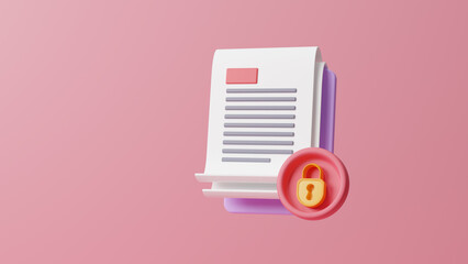Document security shield lock icon, data security and privacy concept. Document protection and safe confidential information. Concept for data information protection. 3d rendering illustration