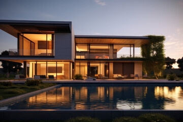 Obraz premium Modern luxury house with pool, evening. Modern architecture. AI generative.