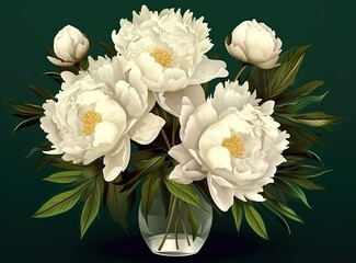 Fresh white peony flowers on dark table background. Condolence card. Empty place for emotional, sentimental text, quote or sayings. Closeup. Created with Generative AI technology.