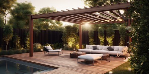 Fototapeta premium AI Generated. AI Generative. Luxury villa appartment hotel with rest chill relax area and swimming pool. Perfect place for party night fun. Graphic Art
