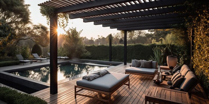 AI Generated. AI Generative. Luxury villa appartment hotel with rest chill relax area and swimming pool. Perfect place for party night fun. Graphic Art