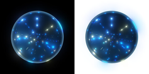 Glass orb with light effect inside, isolated on black and transparent PNG. energy ball, tech power sphere visuals.  Abstract magic light orb, futuristic glowing sphere artwork. magic energy sphere - 613192884