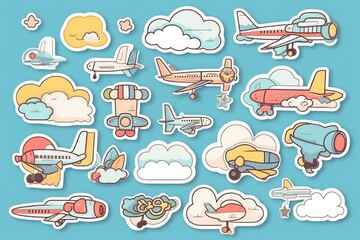 Set of sticker for travel with airplanes and clouds. Generative ai