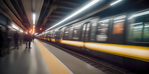 High-Speed Subway Network.  fast-paced urban lifestyle with a high-speed subway train racing through the city. efficient transportation system, seamless connectivity for commuters. 