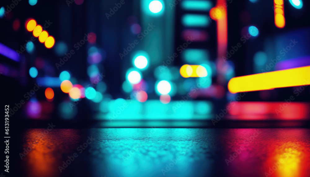 Poster street view of abstract cityscape background at night with bokeh. low angle. focal point in the fore