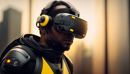 Obraz na płótnie Canvas Futuristic African American man fully immersed in a virtual reality experience. Sporting cutting-edge VR headset and goggles, exploring a digital world filled with innovation and entertainment. 
