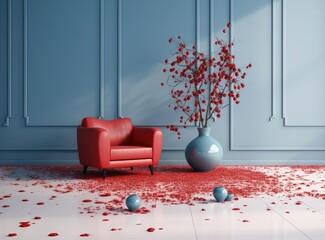 Modern classic living room interior, sofa in large living room, bouquet of flowers, petals. Created with Generative AI technology.