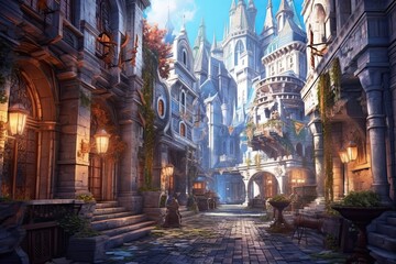 A Magical Mediaeval Street: A Heroic Fantasy Illustration with Gold Flying Buildings and Designs, Generative AI