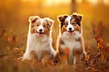 Adorable Moment of Two Australian Shepherd Puppies Sitting in a Field. Generative AI