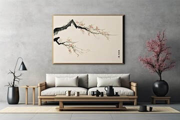 Contemporary Minimalist Home: Frontal View of Grey Living Room with Tatami and Pillow, Houseplant and Poster in Frame. Generative AI