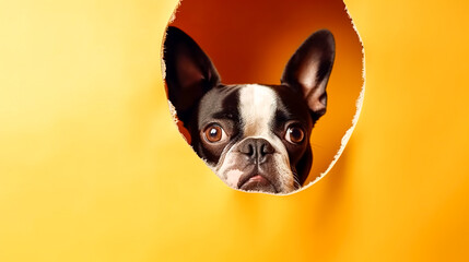 Portrait of French Bulldogs on a yellow background, generative AI.