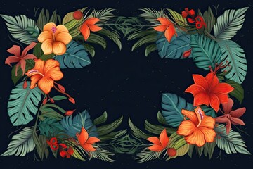 Empty Bold Tropical Flower Frame Against a Dark Background - A Decorative Ornament to Embellish Your Home. Generative AI
