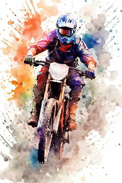 Adrenaline-Pumped Biker: Stunning Watercolor Poster of Mountain Biking With Paint Drips, Smudges and Spatter, Generative AI